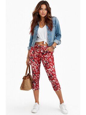 New Time Tru Women's Printed Jegging Capri Pants XXL 20 Red Tropical Butterfly